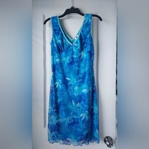 Hana Sheath Dress Large Sleeveless Blue Floral Stretch V Front Back USA Coastal